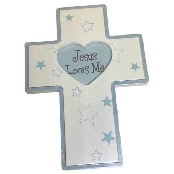 Jesus Loves Me Wood Cross Wall Hanging Blue Boy Stars Decor Christian NEW - Picture 2 of 6